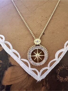 Gold Compass Star Crystal Pendant Necklace
